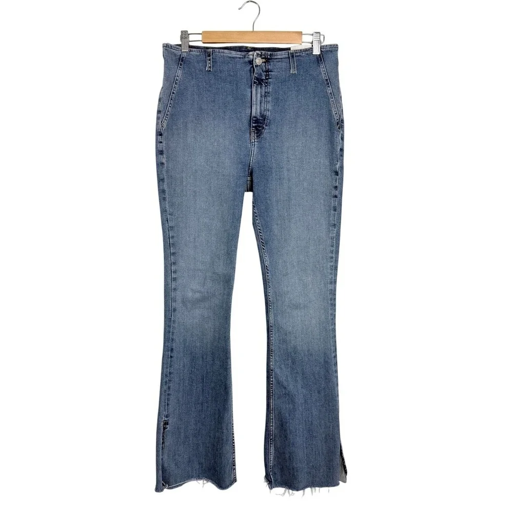 NEW We The Free Level‎ Up Slit Bootcut Jeans Blue High Rise Raw Hem Size 32